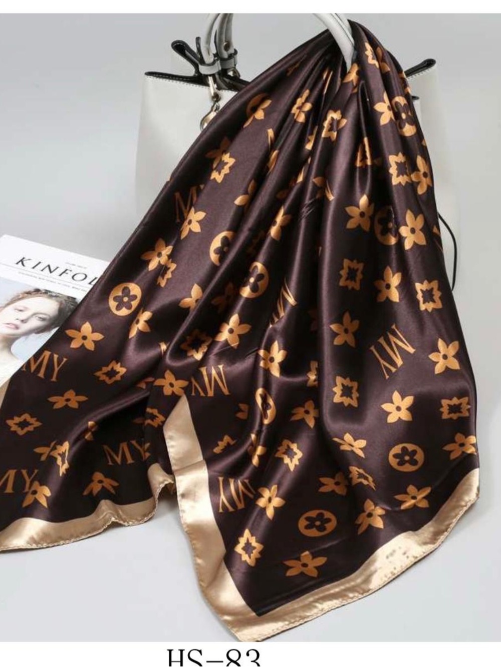Elegant Brown Satin Floral-Print Scarf with Gold Accents